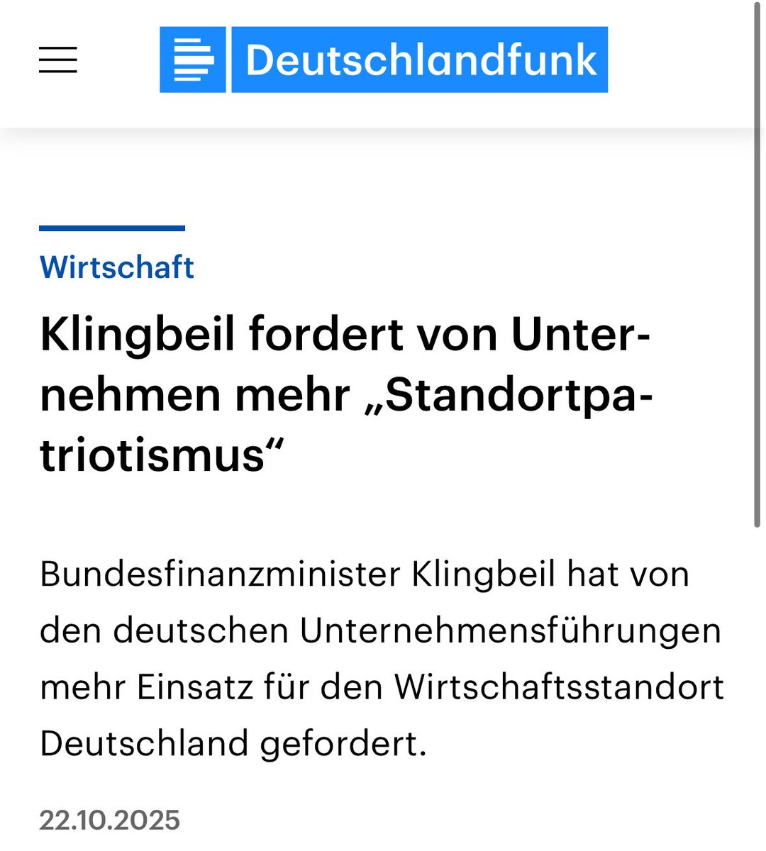 S t a n d o r t p a t r i o t i s m u s

Die Verzweiflung ist berechtigterweise groß…

deutschlandfunk.de/klingbeil-ford…