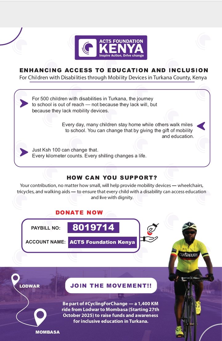🚴‍♂️#CyclingForChange! <a href="/RickySumbu/">Hassan Sumbu</a> rides 1,400km Lodwar→Mombasa with <a href="/ACTsFoundKE/">ACTs Foundation KE</a> to raise funds for 500 children with disabilities in Turkana.
Every km = hope. Every shilling = mobility.
    KCB :522533
Paybill: 8019714 💜 <a href="/CBM_Global_KE/">CBM Global Disability Inclusion - KE</a>
<a href="/IDA_CRPD_Forum/">International Disability Alliance (IDA)</a>  <a href="/gddckenya/">Gender and Disability Development Centre</a> <a href="/JahnetChela/">Janet Chelangat</a>