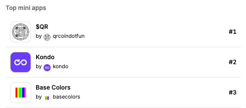 0FJAKE's tweet image. What I'm working on:
@qrcoindotfun: a daily auction for attention.
@kondodotfun: batch swap tokens to clean your wallet.
@BaseColorsNFTs: the NFT collection for every color on the internet.
Currently the top 3 mini apps on Farcaster.