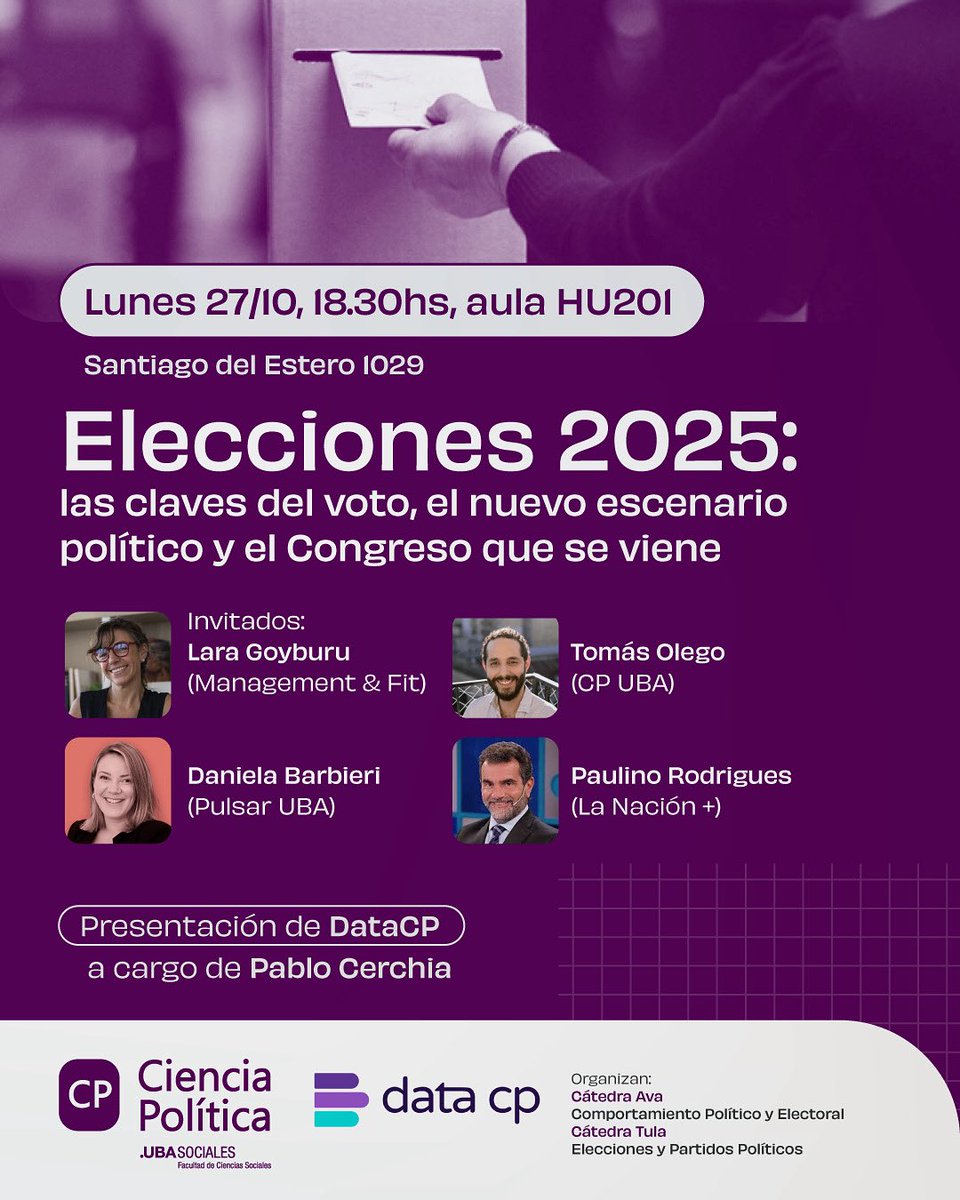 🗳 Elecciones 2025: claves del voto y el nuevo escenario político

📅 Lunes 27/10 – 18:30 hs
📍 HU 201, Santiago del Estero 1029, CABA

 👥Charla abierta con especialistas y presentación de DataCP <a href="/pablocerchia/">Pablo Cerchia</a> 

Organizan las cátedras : Ava y Tula (FSOC - UBA)
¡Te esperamos!