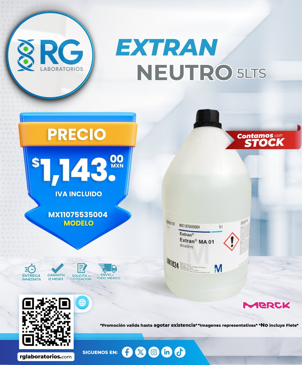 rglaboratorios's tweet image. Extran Neutro 5 lts
𝘾𝙤𝙣𝙩𝙖𝙢𝙤𝙨 𝙘𝙤𝙣 𝙎𝙩𝙤𝙘𝙠
#ciencia #investigacion #Stock #laboratory #laboratorioscientifico #cientifico