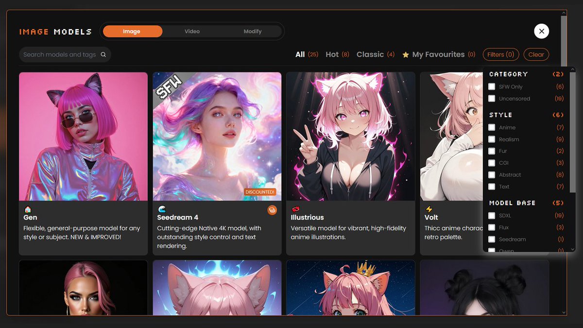 imgn_ai's tweet image. Notice anything different? 👀
We've finally given our model selector a much-needed lick of paint over on the WebApp 🎨
Including the very-oft requested filters for category, style, and spice levels! 🤗