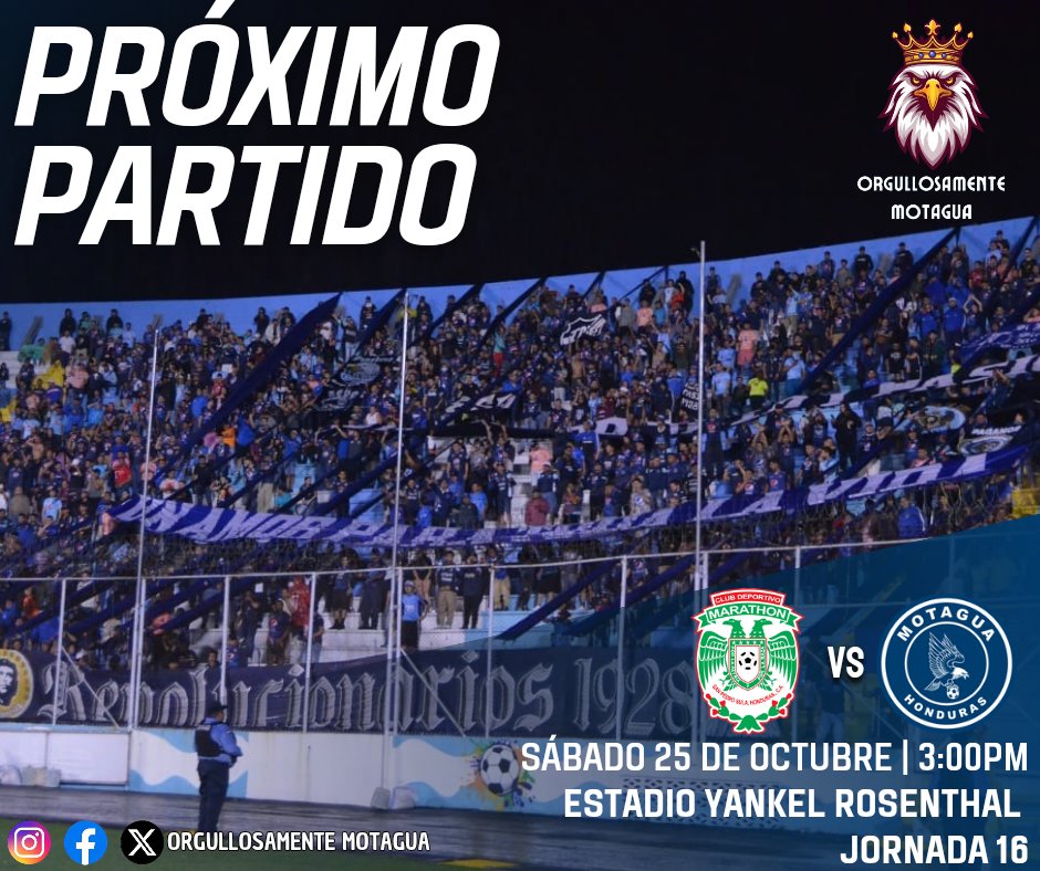 El próximo juego de Motagua será el sábado 25 de octubre, a las 3:00 PM, cuando visite a Marathón en el Estadio Yankel Rosenthal por la jornada 16 del Torneo Apertura. 
#OrgullosamenteMotagua #Motagua