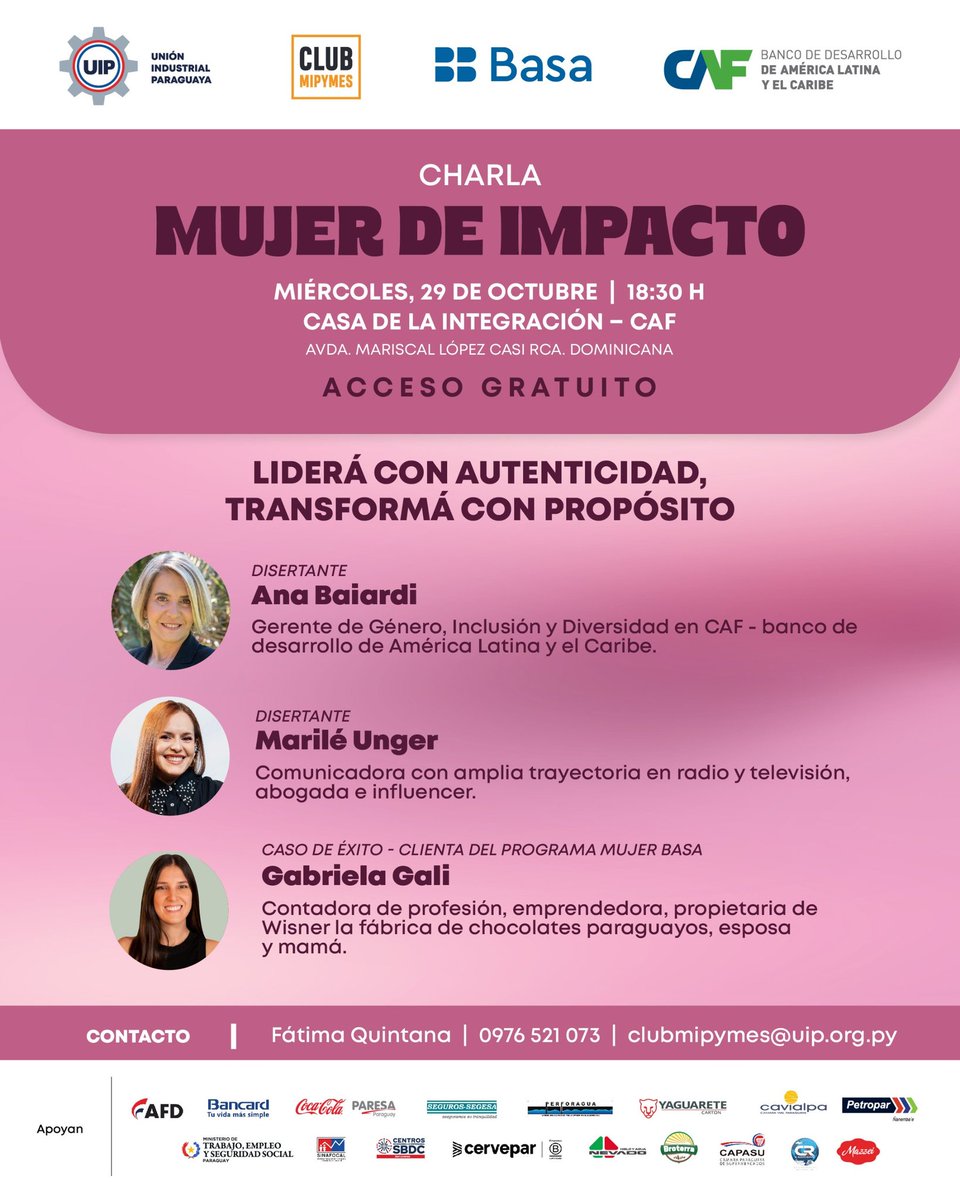 UIP_py's tweet image. El Club Mipymes te invita al evento “Mujer de Impacto: lidera con autenticidad, deja huella con propósito”, junto a CAF y Banco Basa.
📅 Miércoles, 29 de octubre | 🕡 Convocatoria 18:30 h – Inicio 19:00 h
📍 Casa de la Integración – CAF
Inscribite en forms.office.com/r/PNKFMT2vdE