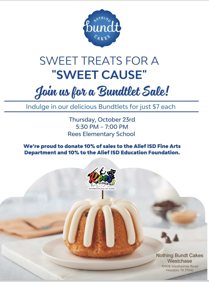 ReesStars's tweet photo. ๐ญ Tomorrow is our Rees PVAA Informance! Join us 5:30โ6:30 PM to learn more about our programs and view a performance from some of our Fine Arts Clubs! ๐ซ Plus, grab a Nothing Bundt Cake to support Alief ISD Fine Arts! ๐ง
#ReesPVAA #AliefProud #SweetCause #AliefFineArts https://t.co/uJv8bIasdP