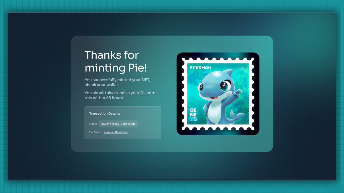 adixbtc's tweet photo. 🚨 Mint Fermah Genesis NFT (PIE) — Live Now! ⚡️

@fermah_xyz just opened their Genesis NFT mint for the community!

They’ve raised $5.2M from a16z & others 💰
And they’re building a universal ZK proof generation layer — powering the next era of privacy, scaling & verifiable computation in crypto 🔥

💡 Rewards:
✅ Pieoneer Role in Discord
✅ Possible future perks / rewards
✅ Open to all (new & old users)
⏰ Mint open for 1 week only!

🪂 How to Mint:
1️⃣ Join Discord → https://t.co/vhfsAfUsxT
2️⃣ Go to Mint Page → https://t.co/qEucKzU2au
3️⃣ Connect Base wallet, fill form & mint (Gas = $0 Base ETH)
4️⃣ Wait up to 48h — get your Pieoneer role 🥧

Fermah = Backbone of ZK Systems 🔒

A marketplace for generating & verifying zero-knowledge proofs — usable across multiple protocols & apps.