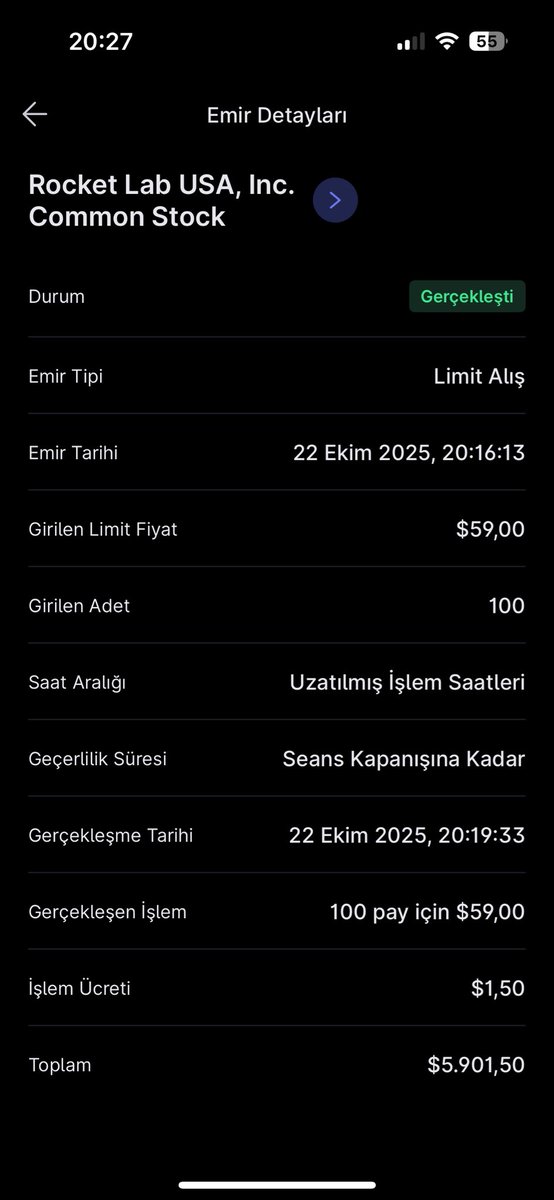 Bugün toplamda 600 adet almış oldum. Son alım 59$’dan oldu. Hep söylerim düşüşler benim dostumdur.😉 $RKLB ✋
