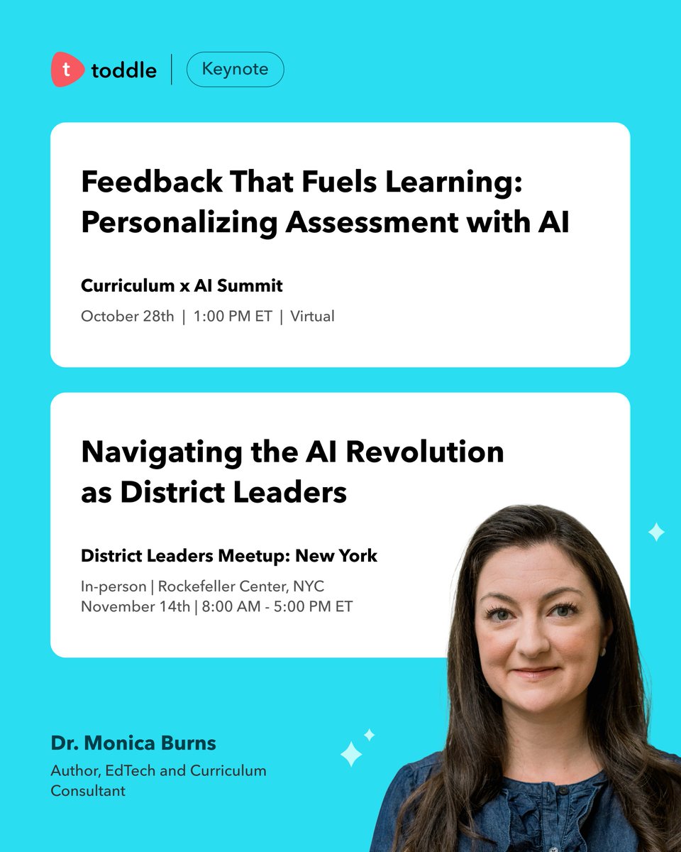 ClassTechTips's tweet image. In-person or virtual? Take your pick!
I’m excited to join two upcoming events hosted by Toddle.
✨ Curriculum × AI Summit 2025
🗓️ Oct 28th @ 1 PM ET | Virtual
🔗 hubs.li/Q03LvWGz0
🏙️ District Leaders Meetup
🗓️ Nov 14th @ Rockefeller Center
🔗 hubs.li/Q03NTnWy0
