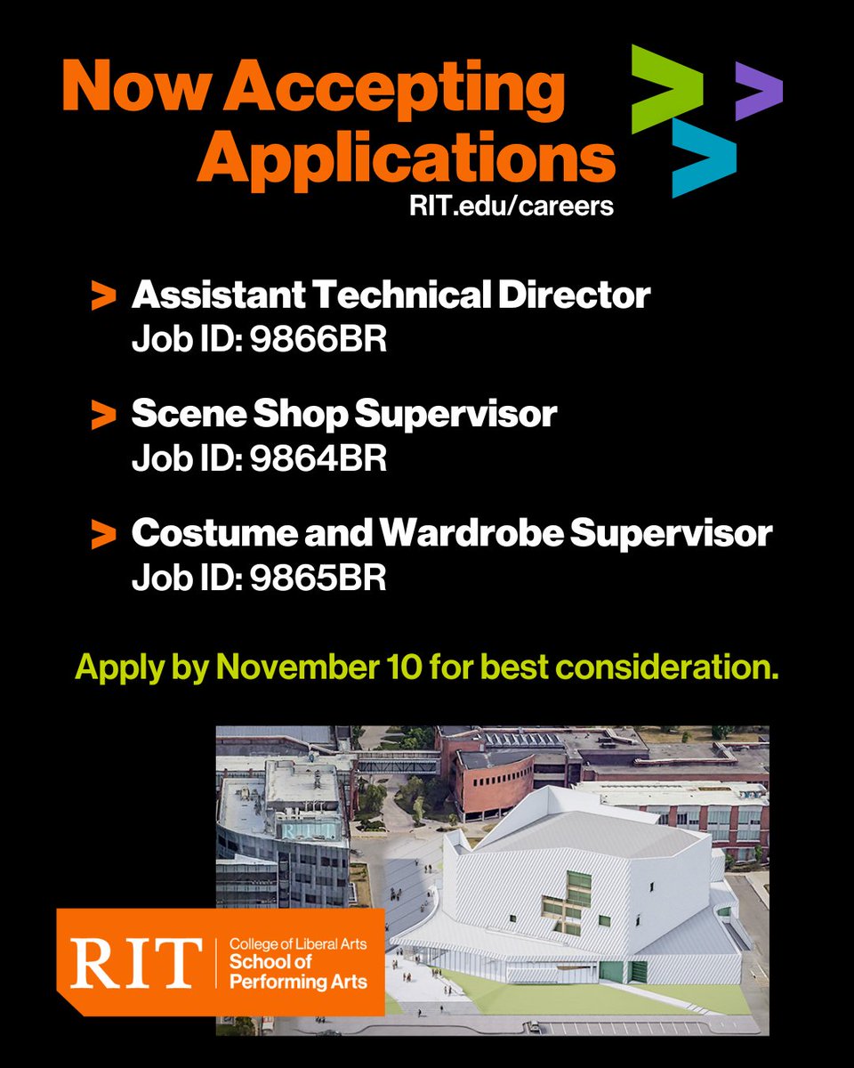 Our team is growing! RIT School of Performing Arts is thrilled to announce we're hiring for three key positions:

Ready to bring your talents to RIT? Apply by November 10 for best consideration.

Learn more and apply: RIT.edu/careers