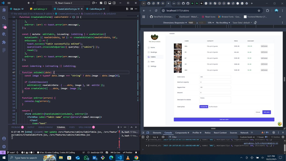 deraamaobi's tweet image. It's been a while since I updated my progress due to electricity issues but here goes...
Today I added the functionality for creating and editing cabins, also added the functionality for uploading images to the supabase and how to handle form errors
#100DaysOfCode #react