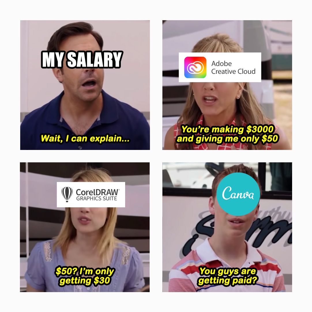 AJStudios280969's tweet image. My bank account every time I look at software subscriptions vs. actual income. 😭 Who else feels this graphic design pain?
#GraphicDesignProblems #DesignerLife #AdobeCreativeCloud #CorelDRAW #Canva #meme
