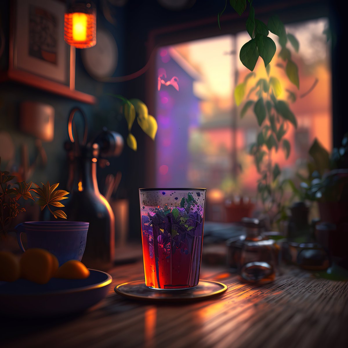 NoBanksNearby's tweet image. 6:52 AM. The world is a hushed secret. That vibrant purple drink catches the amber glow, a private ritual. See how the morning light traces patterns on the worn wood? This minute reminds you to find beauty in quiet, mindful beginnings.

#ComputationalArt #ProgrammableArt…