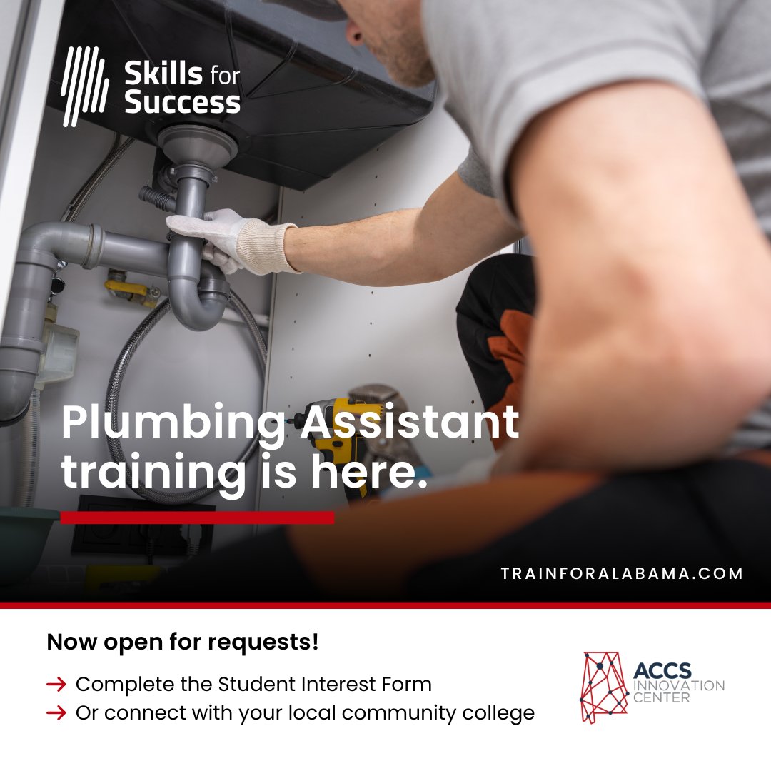 The Skills for Success Plumbing Assistant course is now open for requests! 

Gain the knowledge and practical skills to support licensed plumbers with installation, maintenance, and repair work—helping Alabama meet growing industry demands.