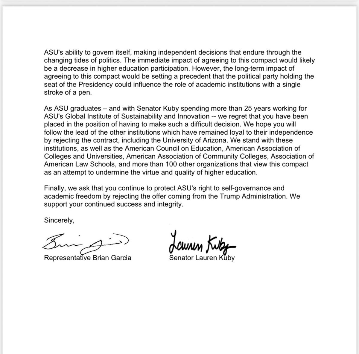 Arizona House Democrats (@azhousedems) on Twitter photo “We ask that you continue to protect ASU’s right to self-governance and academic freedom by rejecting the offer coming from the Trump administration.” Letter from Tempe lawmakers <a href="/LaurenKuby/">Sen. Lauren Kuby</a> and <a href="/BrianGarciaAZ/">Brian Garcia</a> to <a href="/ASU/">Arizona State University</a>. “We ask that you continue to protect ASU’s right to self-governance and academic freedom by rejecting the offer coming from the Trump administration.” Letter from Tempe lawmakers <a href="/LaurenKuby/">Sen. Lauren Kuby</a> and <a href="/BrianGarciaAZ/">Brian Garcia</a> to <a href="/ASU/">Arizona State University</a>.