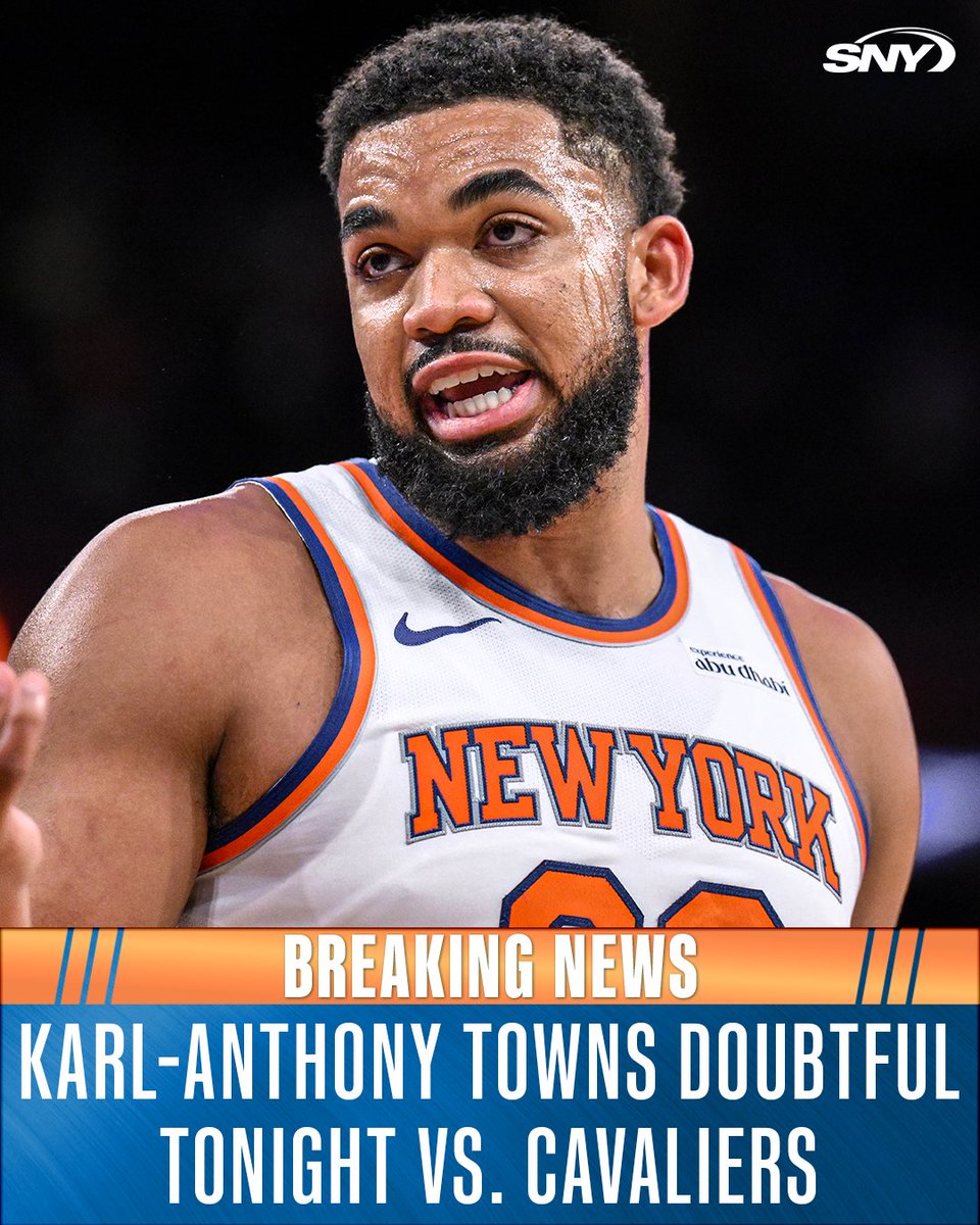 The Knicks have listed Karl-Anthony Towns (right quad strain) as DOUBTFUL for tonight's season opener against the Cavaliers

They will already be without Mitchell Robinson (left ankle injury management) and Josh Hart (lumbar spasms) tonight 