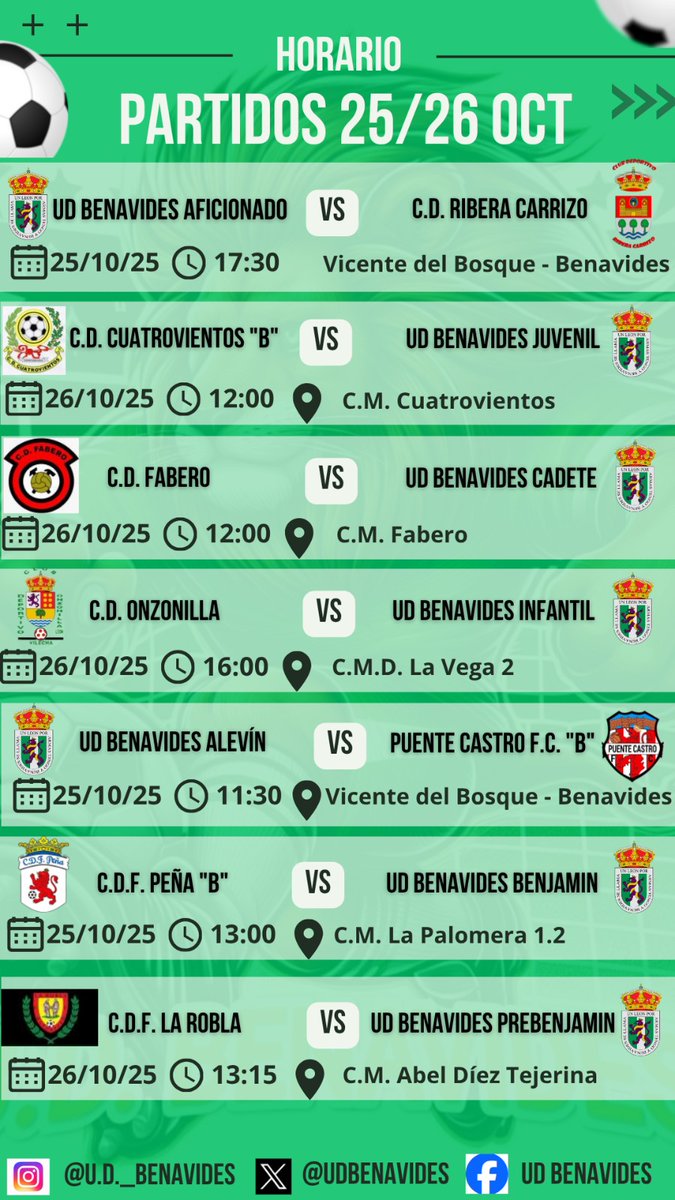 Partidos del fin de semana 25 y 26 de Octubre!!💚💪⚽️
#Vamosbena #VamosVerdes #PuxaBena