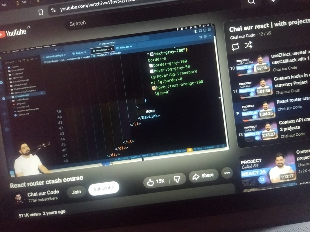 k_upadhyay_'s tweet image. ☕ late-night React grind with Chai aur Code
learning React Router rn — routes, NavLink, everything 🔥
this guy makes React feel too easy 😭
#ReactJS #WebDev #ChaiAurCode #MERN #100DaysOfCode
@Hiteshdotcom