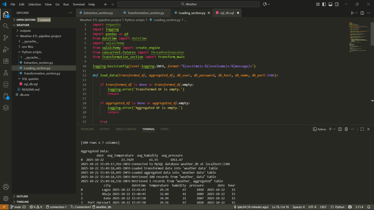 IwunzeIkenna's tweet image. Day 13 of learning Data Engineering
Today I fixed the bug I faced previously and then I completed the loading section of the ETL pipeline which involved loading the weather data into an SQL database(I used MySQL db).
#python #datafam #dataengineering #SQL