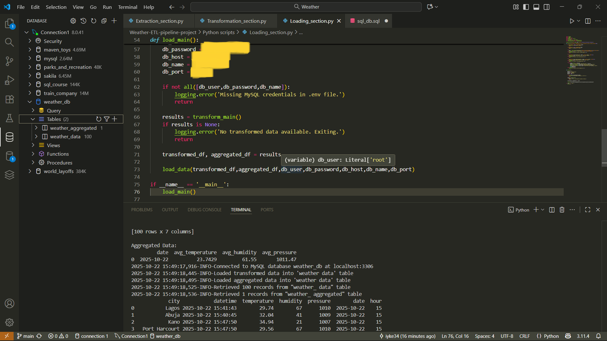 IwunzeIkenna's tweet image. Day 13 of learning Data Engineering
Today I fixed the bug I faced previously and then I completed the loading section of the ETL pipeline which involved loading the weather data into an SQL database(I used MySQL db).
#python #datafam #dataengineering #SQL