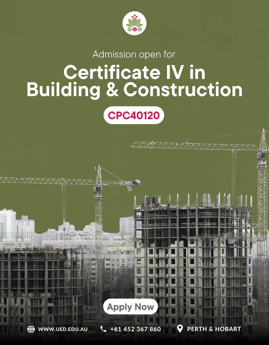 UnitySchoolD's tweet image. Build your future with confidence!
Admissions are now open for Certificate IV in Building &amp;amp; Construction (CPC40120) — the perfect qualification to kickstart your career in the construction industry.
📍 Perth &amp;amp; Hobart | 🌐 ued.edu.au
📞 +61 452 367 860
Apply Now