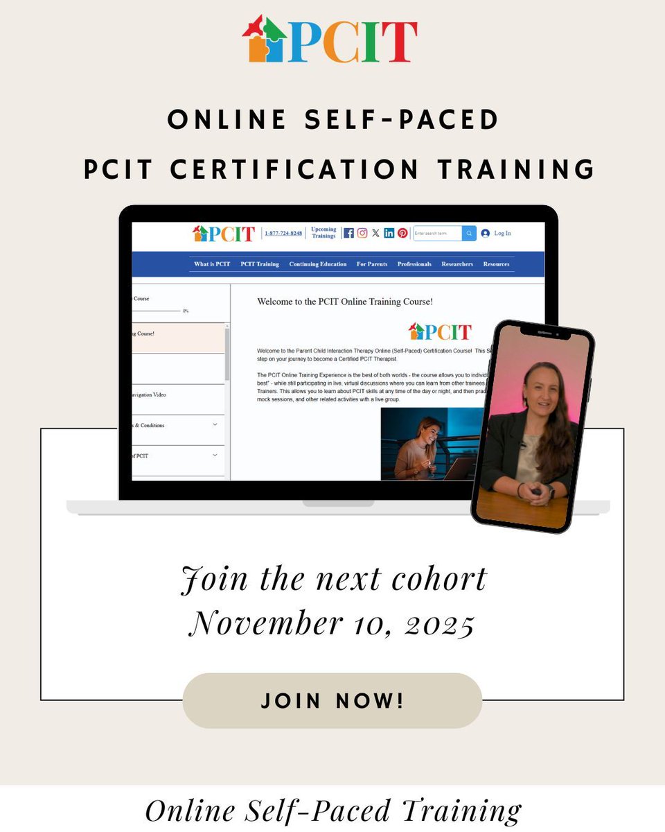 Our next cohort of online learners starts on November 10th. Our Online Self-Paced PCIT Training combines pre-recorded presentations and live consultation call to support learners anywhere in the world. For more information visit: parentchildinteractiontherapy.com/pcit-training-…