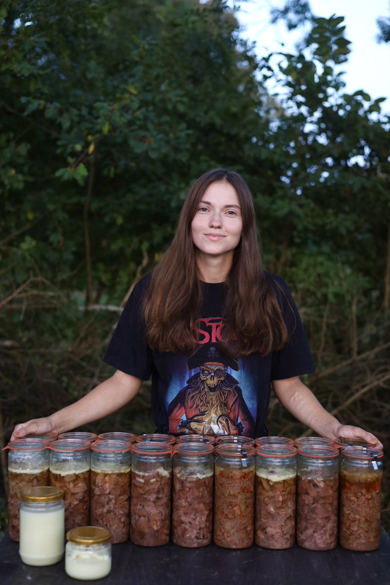 "How do you keep your meat from spoiling without a refrigerator?"

We pressure can it — you cut the meat up, pack it into jars, and cook it in a pressure canner (which is essentially just a big sealed pot). No electricity required. Delicious and lasts virtually forever.

"Sounds