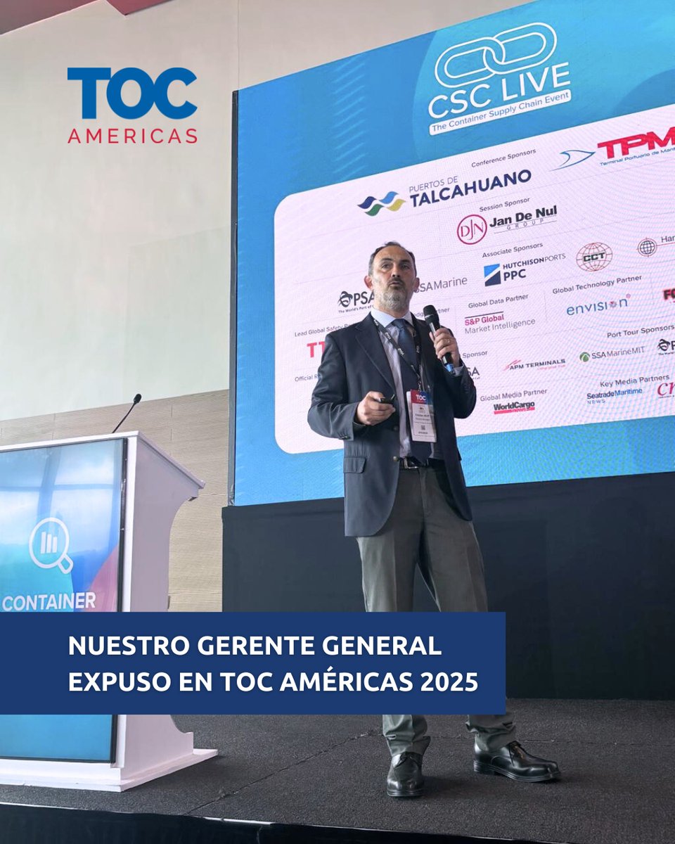PtosTalcahuano's tweet image. La próxima licitación del puerto de San Vicente fue el eje de la exposición de nuestro Gerente General, Cristian Wulf, en #TOCAmericas 2025. Allí mostramos cuál es el contexto actual del puerto y las alternativas para su desarrollo a partir de 2030.