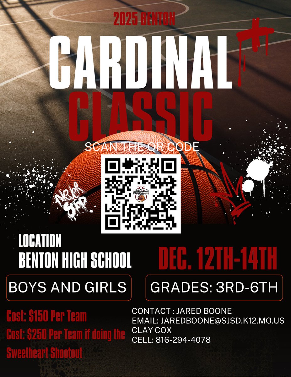 🏀 2025 Benton Cardinal Classic
📅 Dec. 12–14 | 📍 Benton HS
Boys &amp; Girls | Grades 3–6
💰 $150/team or $250 for both tournaments!

Register today 🔗
#BentonCardinalClassic