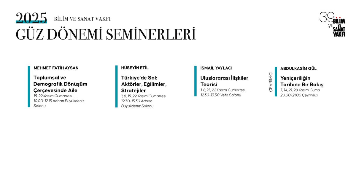 🍀  2025 Güz dönemi seminer kayıtları başladı!

📌 71 oturumdan oluşan, farklı disiplinlerden 20 seminer sizi bekliyor...

✨ Ayrıntılı bilgi için 👉🏼 tinyurl.com/2025guz

✨ Katılımcı kayıt formu için 👉🏼 tinyurl.com/guz25kayit

✨ Seminer seçimi için 👉🏼