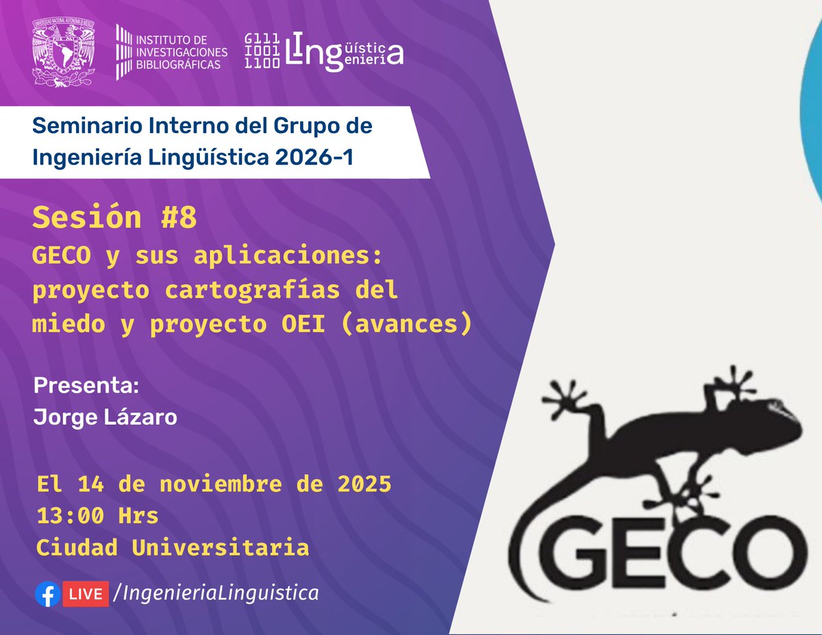 Nuestra octava sesión del Seminario Interno del Grupo de Ingeniería Lingüística 2026-1 será el viernes 14 de noviembre a las 13:00 hrs 🤓🤖 ¡Nos vemos ahí!
#gil #unam #lingüísticacomputacional #lingüística