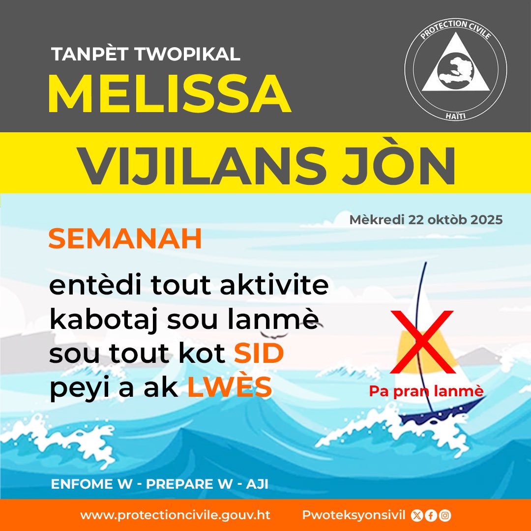 #TTMelissa: <a href="/semanahaiti/">Semanah</a> entèdi tout aktivite kabotaj sou tout kòt Sid peyi a ak Lwès depi jodia jiska nouvèlòd!

⚠️Pinga nou pran lanmè!