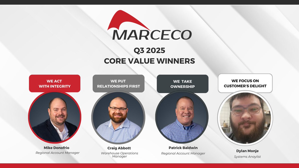 MarcecoNation's tweet image. 🌟 Q3 2025 Core Value Nominees! 🌟

🔴 Integrity – Mike Donofrio
⚫ Relationships First – Craig Abbott
⚫ Ownership – Patrick Baldwin
⚪ Customer’s Delight – Dylan Monje

👏 Thank you for setting the bar high! 

#MarcecoStrong #TeamMarceco #CoreValues