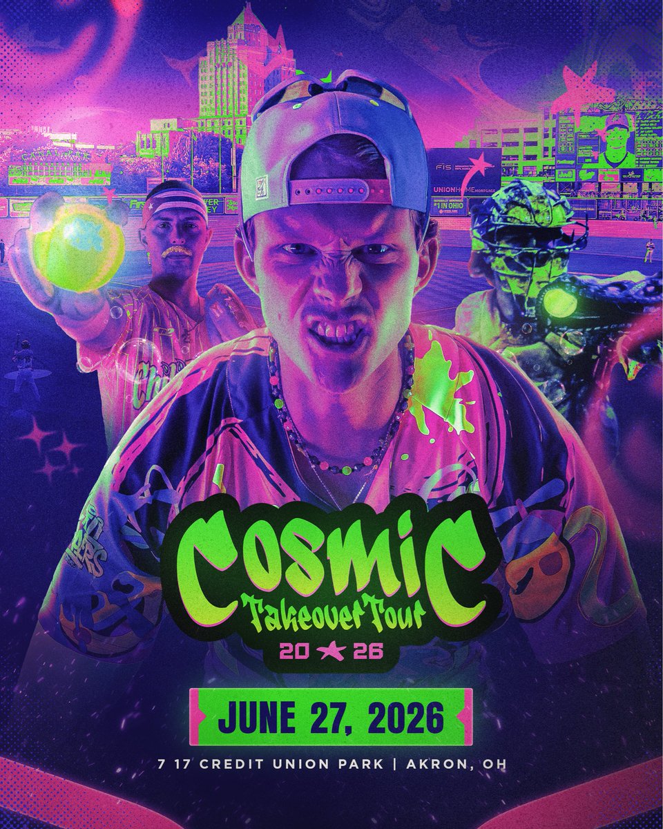 AkronRubberDuck's tweet image. Mark your calendars, Akron! The Cosmic Takeover Tour is touching down at 7 17 Credit Union Park on June 27, 2026. Get ready to see baseball in a new light, literally🪐