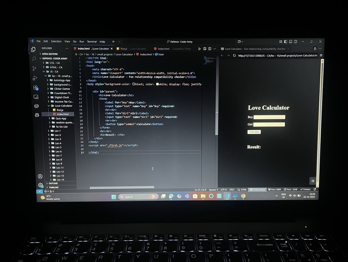 PriTamManna_18's tweet image. #Day31 of #DefenceChallenge🚀

📚Today’s Learning: Built 10 Real-World JS Mini Projects —
1️⃣Random Quote Generator
2️⃣Background Color Gen.
3️⃣Love cal.
4️⃣Income tax cal.
5️⃣Digital clock
6️⃣Timer
7️⃣Astrology
8️⃣Clicker
9️⃣Todo list
🔟Quiz form

#WebDevelopment #CoderArmy #JavaScript