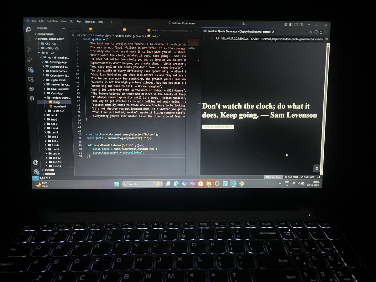 PriTamManna_18's tweet image. #Day31 of #DefenceChallenge🚀

📚Today’s Learning: Built 10 Real-World JS Mini Projects —
1️⃣Random Quote Generator
2️⃣Background Color Gen.
3️⃣Love cal.
4️⃣Income tax cal.
5️⃣Digital clock
6️⃣Timer
7️⃣Astrology
8️⃣Clicker
9️⃣Todo list
🔟Quiz form

#WebDevelopment #CoderArmy #JavaScript