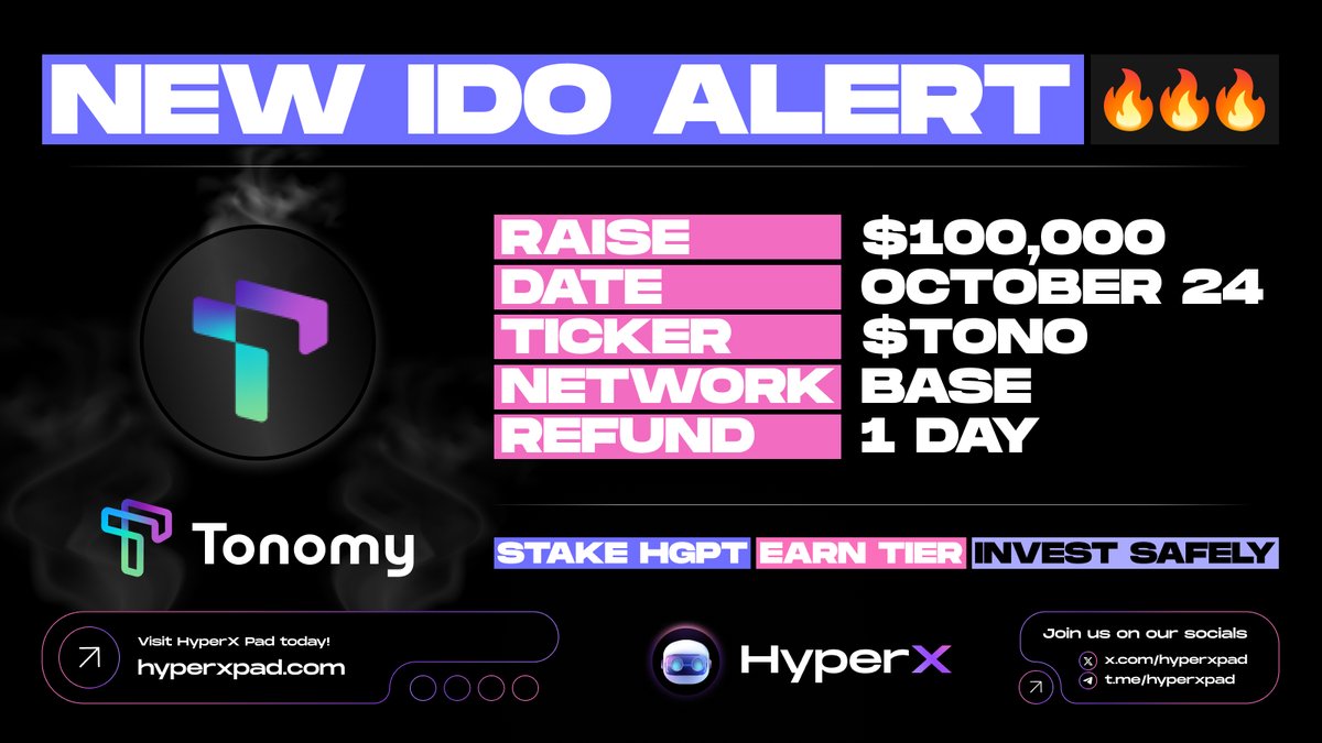 hyperxpad's tweet photo. NEW IDO ALERT! 🔥🔥🔥

@tonomyIO is a decentralised data protocol that allows the user full, sovereign control over their data and identity enabling safe, private agentic and LLM interactions.

IDO Details 👇

📅 Date: October 24 at 10:00 AM UTC - October 26 at 10:00 AM UTC.
💰 Allocation: $100,000 
🪙 Ticker: $TONO 
🔂 Refund: 1 Day 
🔗 IDO Page: https://t.co/5JuLkeU9kh

⚠️ Important Notice: Tier obtained through staking transactions after the pool is opened will not be eligible for sale. Therefore, we recommend you to get your Tier before the pool is active.