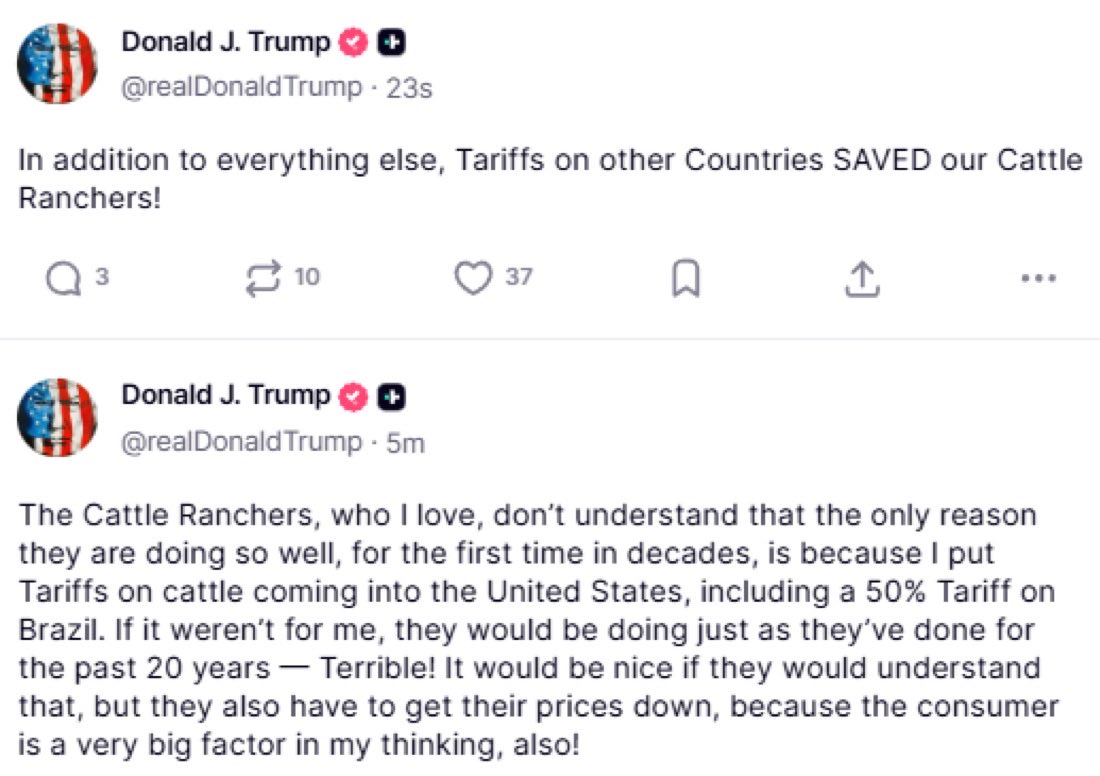 beefinitiative's tweet image. 🚨 BREAKING: TRUMP DOUBLES DOWN ON BEEF TARIFFS
President Trump just said it himself — tariffs on Brazil and foreign beef saved U.S. ranchers. 🇺🇸
He’s right about the pressure from imports… but here’s the truth:
Our ranchers don’t need more tariffs.
They need Mandatory…