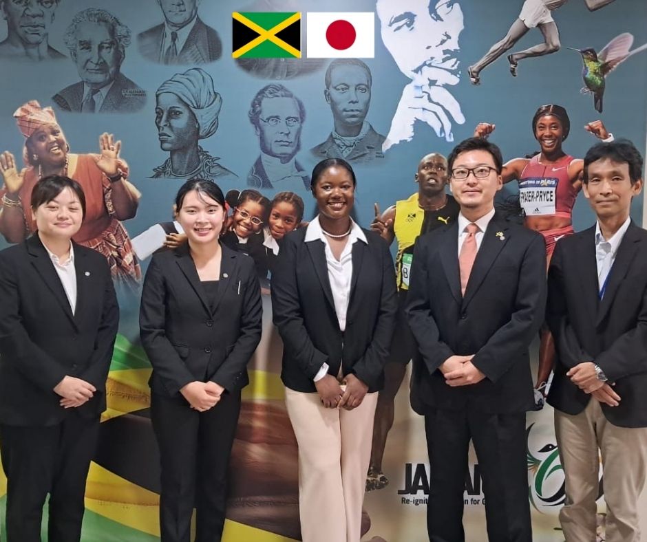 Japan International Cooperation Agency volunteers @  PIOJ (l-r) Minako Osako (Women’s Centre of Jamaica Foundation (WCJF) Mandeville, Moeko Mabuchi, WFJ St Bess, Jenese Edmondson, PIOJ Snr  Project Economist, Toshiki Nakashima – 4H Clubs Portland, Atsushi Nakagawa JICA Jamaica