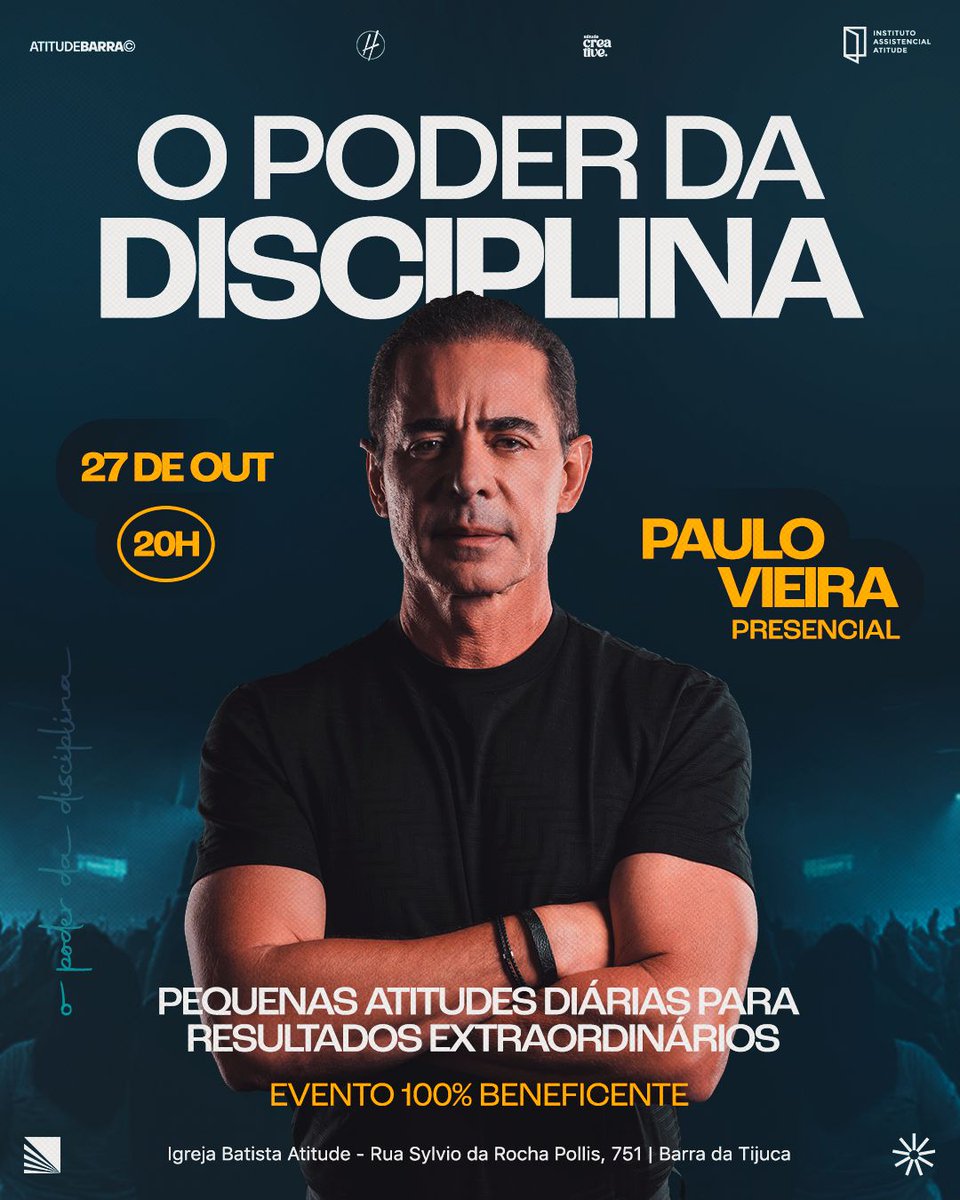 Uma Noite para Virar a Chave da Sua História!

No dia 27 de outubro, com Paulo Vieira, criador do Método CIS, você vai descobrir o poder da disciplina e como pequenas atitudes diárias podem levar você do nada ao extraordinário. Link👇
e-inscricao.com/instituto-assi…
🎟️Ingressos limitados