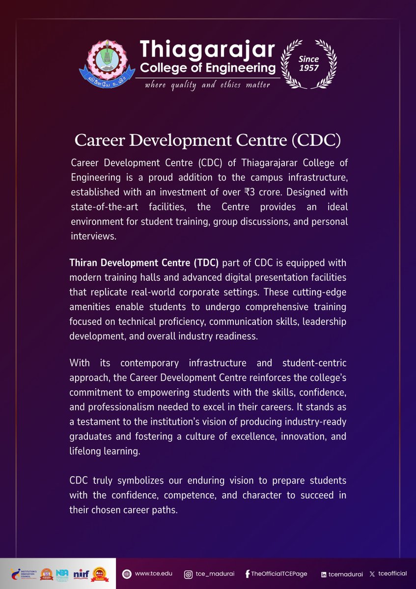 tceofficialpage's tweet image. 🎉 TCE invites you to the Inauguration of the Career Development Centre (CDC) and Thiran Development Centre on Oct 27, 2025, 9:15 AM, at TCE.
Chief Guest: Mr. Venguswamy Ramaswamy, TCS iON
Guest of Honour: Dr. K.M. Suceendran, TCS
#TCE #TCSiON #CareerDevelopment #SkillDevelopment