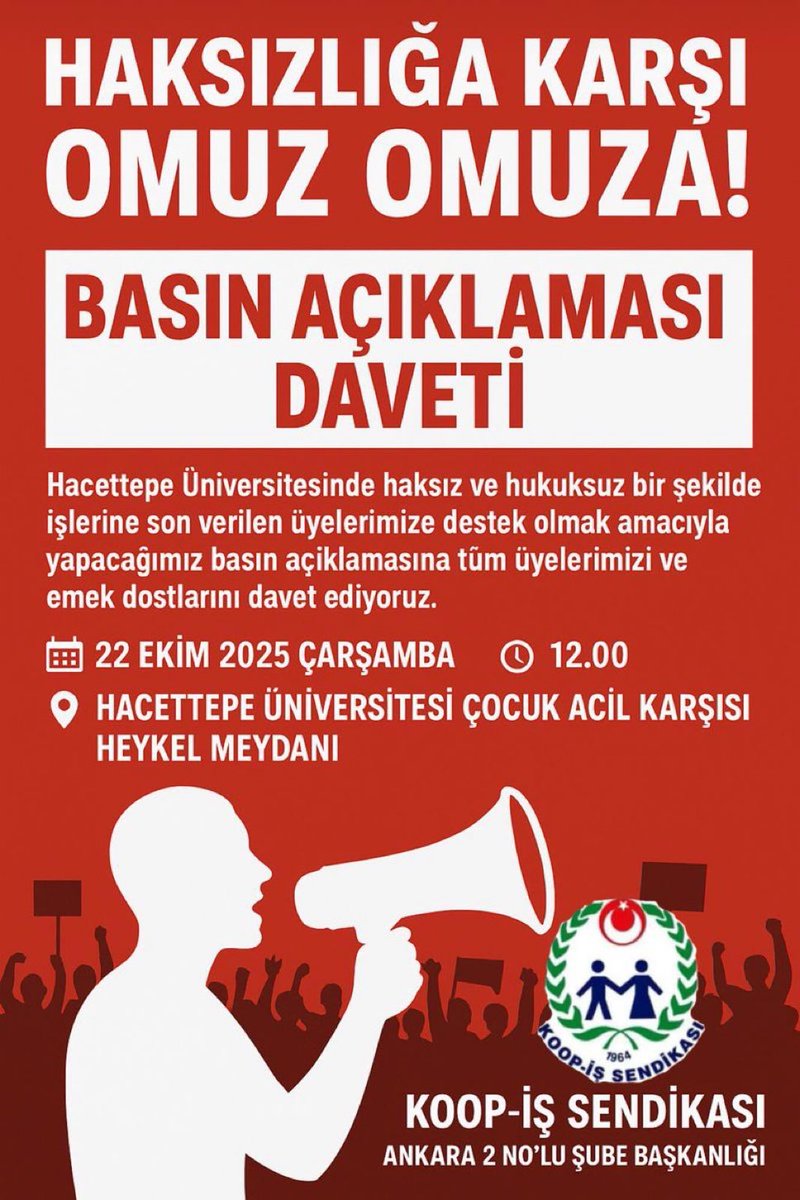 #HacettepeİşçisiYalnızDeğil

Yetkili olduğumuz Hacettepe Üniversitesi’nde 13 arkadaşımızın haksız ve hukuksuz bir şekilde işten çıkartılmasını protesto ediyoruz.

<a href="/Hacettepe1967/">Hacettepe Üniversitesi</a>
 <a href="/CahitGuranEN/">Prof. Dr. Mehmet Cahit Güran</a>
 <a href="/csgbakanligi/">T.C. Çalışma ve Sosyal Güvenlik Bakanlığı</a> 
<a href="/YuksekogretimK/">Yükseköğretim Kurulu</a>