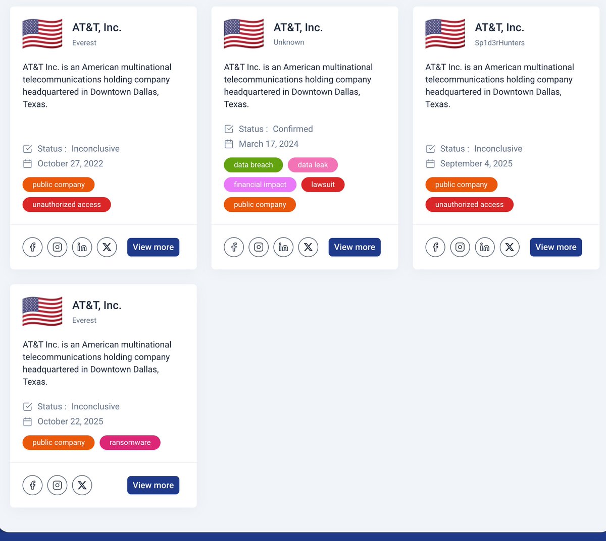 #Everest #ransomware group has allegedly #hacked AT&amp;T (<a href="/ATT/">AT&T</a>), the 🇺🇸 multinational #telecommunications company providing phone and television services worldwide.

This would be the 4th security incident for #ATT.

#NYSE $T

Stay informed, monitor cyber threats, and sign up for