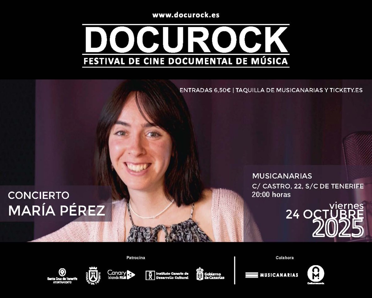 La joven cantante canaria María Pérez actuará el viernes 24 de octubre en Musicanarias. Entradas a 6,50 € en
<a href="/tickety_es/">Tickety.es</a> y tienda de  Musicanarias (día del concierto).
<a href="/CabildoTenerife/">Cabildo de Tenerife</a>
#ICDC
<a href="/santacruz_ayto/">Ayuntamiento de Santa Cruz de Tenerife</a>
#docurock
<a href="/culturamania/">Culturamanía</a>