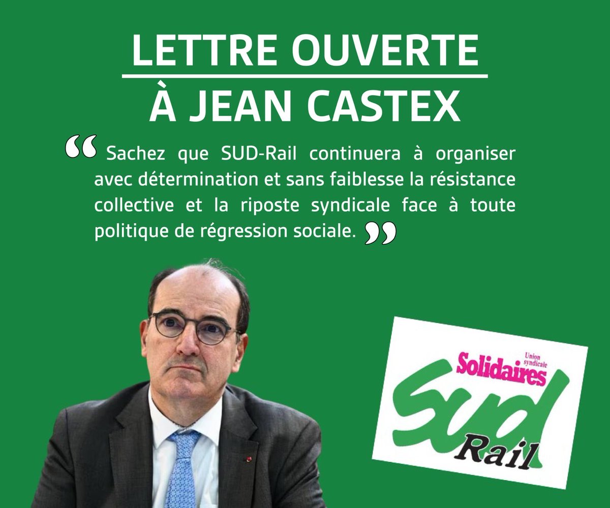 Fede_SUD_Rail's tweet photo. 🔴 La fédération #SUDRail a déjà adressé une lettre ouverte à Jean #Castex !
👊 Sans attendre, nous lui affirmons que notre organisation syndicale continuera avec détermination et sans faiblesse la riposte #syndicale face à toute politique de régression #sociale.
@UnionSolidaires #SNCF