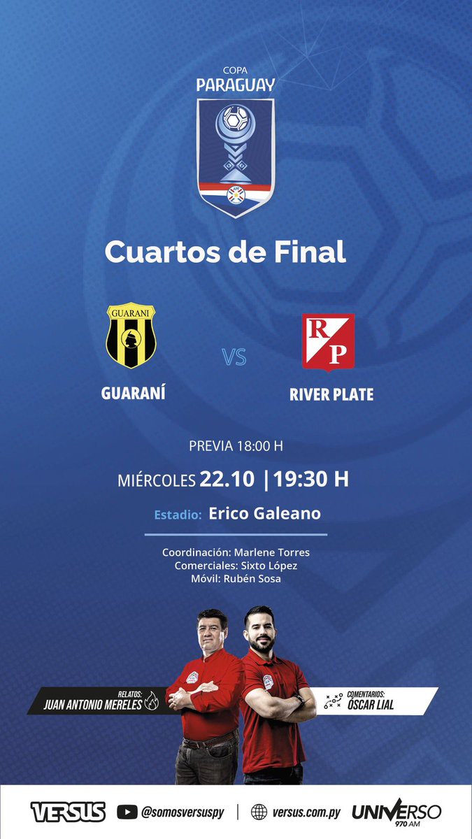 ⚽️¡El "Aurinegro" y el "Kelito" buscarán su boleto a semifinales!

#Guaraní vs #RiverPlate (19:30) 

📆#CuartosdeFinal | 🏟 Erico Galeano
🏆📻 #CopaParaguay2025 por @Universo970 y La Nueva 107. 5 FM (CDE).
📹YT: youtube.com/watch?v=IgNfVS…
🎙Relata: <a href="/jamcmereles/">juan antonio mereles cabrera</a> 
🎤Comenta: