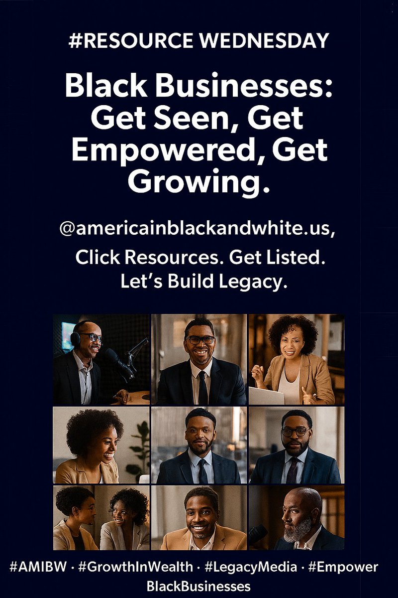 CharlesZackary4's tweet image. Calling all Black-owned and community-minded businesses:

Our Resource Tab is built for YOU.

Advertise your business. Share your services. Get seen.

🌐 americainblackandwhite.us → Click “Resources” and let’s build together.

#ResourceWednesday #AMIBW #AdvertiseBlackBusiness