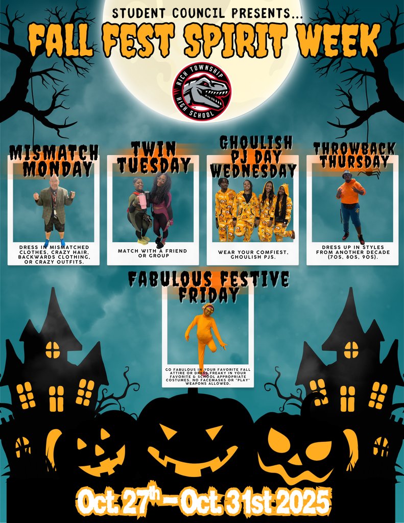 👟 Mismatch Monday – Mismatch clothes, crazy hair! 👯 Twin Tuesday – Double the fun with your look-alike or group!
😴 PJ Wednesday – Ghoulish PJs.📼 Throwback Thursday –70's,80's, 90's!🎃 Festive Friday- No masks or NO play weapons. All costumes must be school Appropriate!