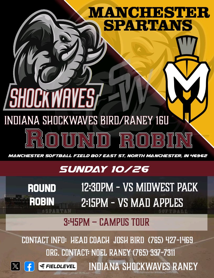 ShockwavesRaney's tweet photo. 🚨 🚨 Next up for the fall season 🍂 , 16u Bird/Raney travels to @MU_SpartanSB, to participate in thier Round Robin event. 
📅 Sunday, October 26
🏟️ Manchester Softball Field
📍 807 East Street North Manchester IN 
Cant come watch us live? Games will be live streamed 💻 on GameChanger, as well. 
💻 Indiana Shockwaves Bird/Raney 16U
🍀 Good luck to our players and coaches, AND Go Spartans! 💛🖤