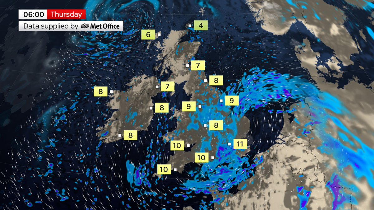 French named Storm Benjamin will bring likely disruptive heavy rain and strong winds to the S tonight,  blustery showers following to W later. N, just a few showers, local frost and fog developing over a calmer Scotland
Local forecast - news.sky.com/weather