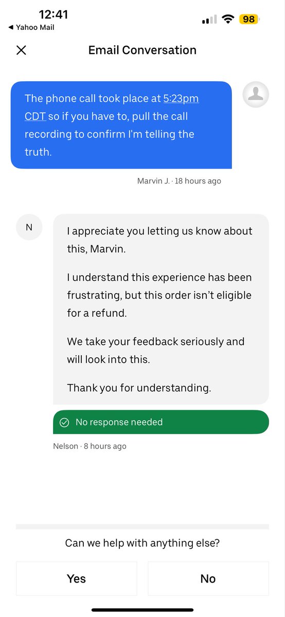 Zaccaiah's tweet photo. @Uber @UberEats I was instructed by both the delivery driver and the alleged Wendy’s employee to cancel my order since Wendy’s apparently didn’t receive the order and $34.73 was stollen from me and I’m being told that order isn’t eligible for a refund. https://t.co/qu0cyEHGhE